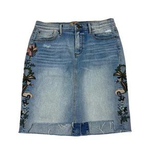 DRIFTWOOD Skylar Blue Denim Raw Hem Embroidered Floral Pencil Jean Skirt Size 28